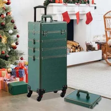 Somduy Makeup Train Case, Rolling Makeup Case with Lid, 5 in 1 Cosmetology Case on Wheels, Christmas Gift, Large Makeup Case Organizers, Profesional Cosmetic Case for Salon Barber, Green
