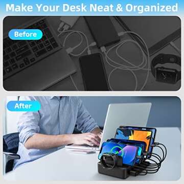 Charging Station for Multiple Devices, CREATIVE DESIGN 50W 6 Ports USB Charger Station with Apple Wa...