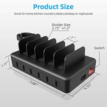 Charging Station for Multiple Devices, CREATIVE DESIGN 50W 6 Ports USB Charger Station with Apple Watch Holder & 6 Cables, Charging Dock for iPad Cellphone Kindle Tablet and Other Electronic (Black)