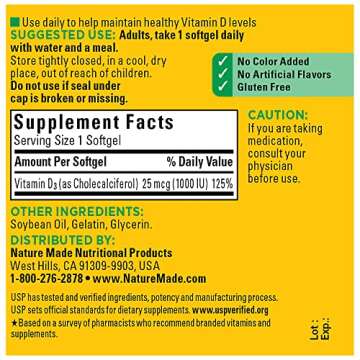 Nature Made Vitamin D3 1000 IU (25 mcg), Dietary Supplement for Bone, Teeth, Muscle and Immune Health Support, 100 Softgels, 100 Day Supply (Pack of 2)