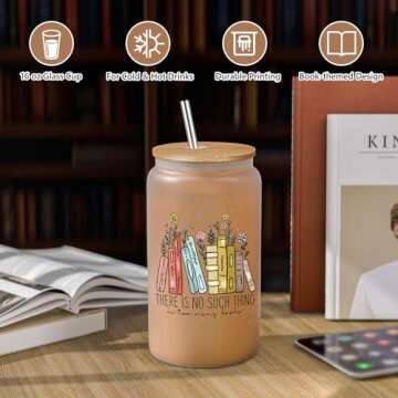 LEADO 16 oz Cute Glass Cups with Lids and Straws - Perfect Gifts for Book Lovers