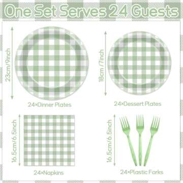 96 Pcs Sage Green Checkered Party Tableware Set for Events
