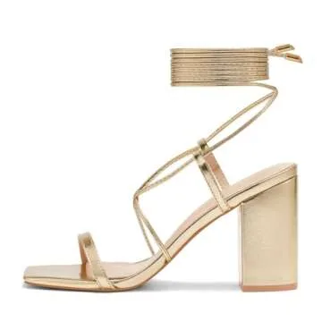 Elisabet Tang Women's Strappy Chunky Heels Sandals, Lace Up 3 inch Low Block Heels Ankle Wrap Heel S...