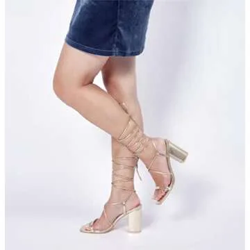 Elisabet Tang Women's Strappy Chunky Heels Sandals, Lace Up 3 inch Low Block Heels Ankle Wrap Heel Square Open Toe Tie Up Heeled Sandals Shoes Gold Size 8