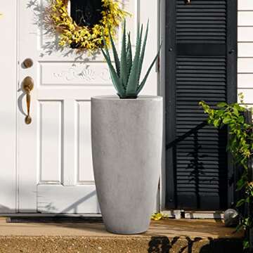 Kante 23.6" H Natural Concrete Finish Concrete Tall Planters Large Outdoor Indoor Decorative Plant Pots with Drainage Hole and Rubber Plug, Modern Tapered Style for Home and Garden