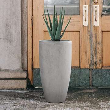Kante 23.6" H Natural Concrete Finish Concrete Tall Planters Large Outdoor Indoor Decorative Plant Pots with Drainage Hole and Rubber Plug, Modern Tapered Style for Home and Garden