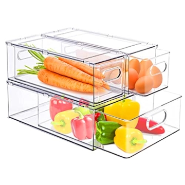 bealy 3 Pack Fridge Organizer and Storage, Clear Storage Bins with Pull-out Drawer, Fridge Drawers C...