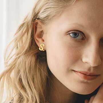 SANNYRA S Initial Stud Earrings for Women, 14K Gold Plated Hypoallergenic Letter Earring, Trendy Jew...