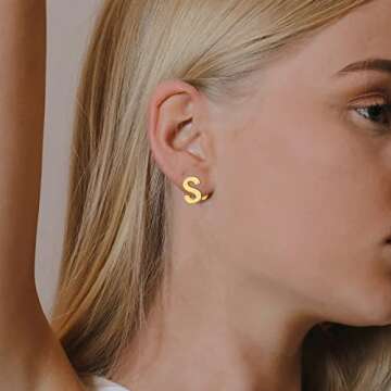 SANNYRA S Initial Stud Earrings for Women, 14K Gold Plated