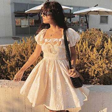 R.Vivimos Women's Summer Cotton Short Sleeve Square Neck Elastic Smocked Ruffle Floral Print Swing Mini Dress (Medium, Beige)