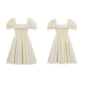 R.Vivimos Women's Summer Cotton Short Sleeve Square Neck Elastic Smocked Ruffle Floral Print Swing Mini Dress (Medium, Beige)