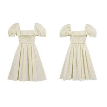 R.Vivimos Women's Summer Cotton Short Sleeve Square Neck Elastic Smocked Ruffle Floral Print Swing Mini Dress (Medium, Beige)