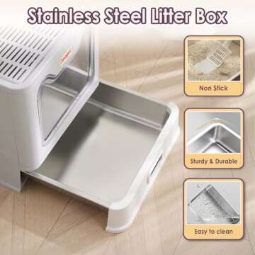 Devopet Cat Litter Box Stainless Steel Litter Box Enclosed Litter Box with Lid Top Entry Foldable Li...