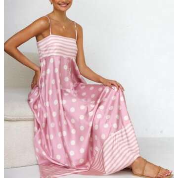 Women Graphic Maxi Cami Dress Spaghetti Strap Floral Boho Long Dress Flowy Summer Holiday Beach Dres...