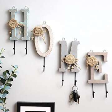 Juvale Home Key Holder with 7 Pegs, Wooden Letters with Burlap Flowers for Rustic Entryway Wall Déc...