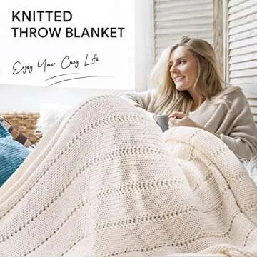 RECYCO Cable Knit Cream White Throw Blanket for Couch, Super Soft Warm Cozy Decorative Knitted Throw...