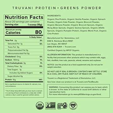 Truvani Protein + Greens Supplement | Spinach, Kale & Broccoli | 10g Organic Plant Based Protein | 2...