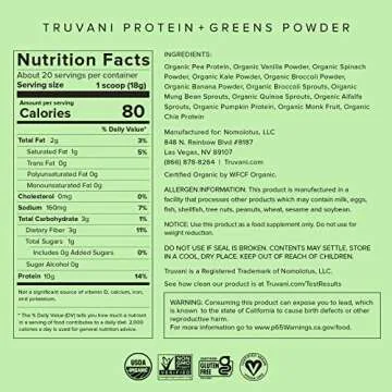 Truvani Protein + Greens Supplement | Spinach, Kale & Broccoli | 10g Organic Plant Based Protein | 2...