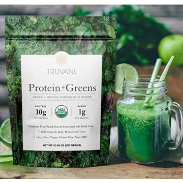 Truvani Protein + Greens Supplement | Spinach, Kale & Broccoli | 10g Organic Plant Based Protein | 20 Servings | USDA Organic | Gluten & Dairy Free | Vegan | No Added Sugar
