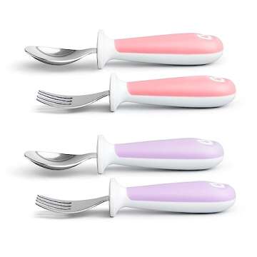 Munchkin® Raise™ Toddler Fork and Spoon Utensil Set, Rest Keeps Tip Off Table, BPA Free, 4 Pack, Pink/Purple