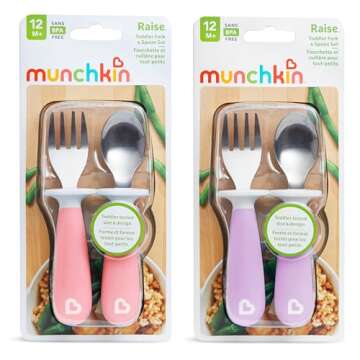 Munchkin® Raise™ Toddler Fork and Spoon Utensil Set, Rest Keeps Tip Off Table, BPA Free, 4 Pack, Pink/Purple