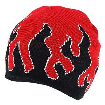Armycrew Large Fire Flame Pattern Winter Short Knitted Beanie - Red Black White