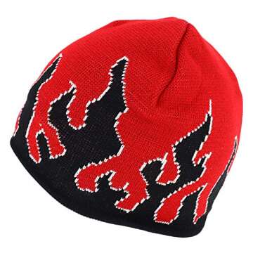 Armycrew Large Fire Flame Pattern Winter Short Knitted Beanie - Red Black White