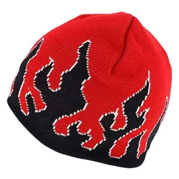 Armycrew Large Fire Flame Pattern Winter Short Knitted Beanie - Red Black White