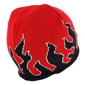 Armycrew Large Fire Flame Pattern Winter Short Knitted Beanie - Red Black White