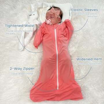 ZIGJOY Shark-Fin Transition Swaddle - 0.5 Tog Rayon Made from Bamboo Sleep Sack Transitional Swaddle Sack Baby Wearable Blanket with 2-Way Zipper, Peach Pink, 6-12 Months