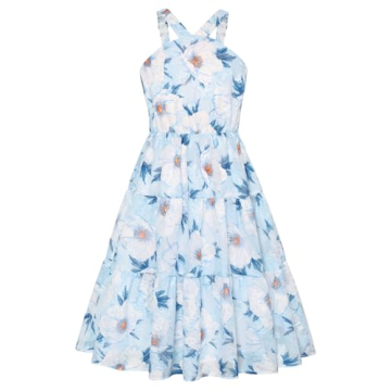 GRACE KARIN Easter Dresses for Girls Off Shoulder Sleeveless Spring Summer Midi Dress Blue Jacquard ...
