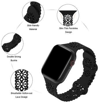 6 Pack Slim Thin Lace Hollow-out Silicone Bands Compatible with Apple Watch 38mm 40mm 41mm 42mm 44mm 45mm 46mm 49mm Women, Breathable Sport Strap for iWatch Series 10/9/8/7/6/5/4/3/2/1 Ultra SE
