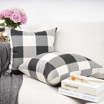 YOUR SMILE Retro Farmhouse Buffalo Tartan Chequer Plaid Cotton Linen Decorative Throw Pillow Case Cushion Cover Pillowcase for Sofa,Set of 2 (Black, 18''x18'')