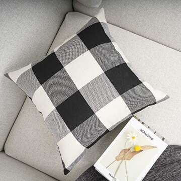 YOUR SMILE Retro Farmhouse Buffalo Tartan Chequer Plaid Cotton Linen Decorative Throw Pillow Case Cushion Cover Pillowcase for Sofa,Set of 2 (Black, 18''x18'')