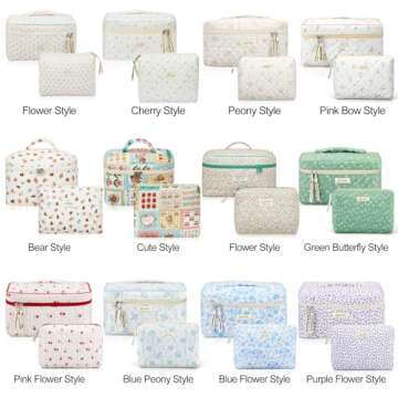 Zeyune 2 Pcs Cotton Quilted Makeup Bag for Women, Large Travel Coquette Cosmetic Bag, Aesthetic Cute...