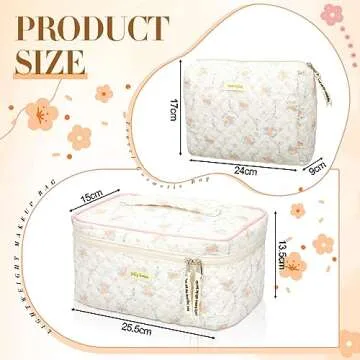 Zeyune 2 Pcs Cotton Quilted Makeup Bag for Women, Large Travel Coquette Cosmetic Bag, Aesthetic Cute Floral Toiletry Skincare Organizer(Peony Style)