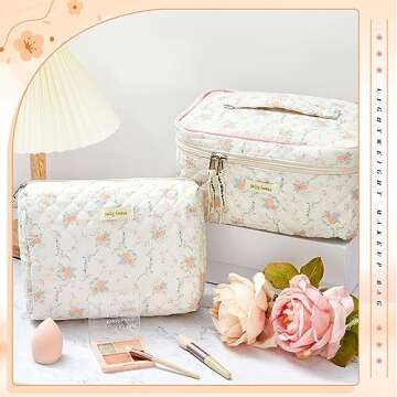 Zeyune 2 Pcs Cotton Quilted Makeup Bag for Women, Large Travel Coquette Cosmetic Bag, Aesthetic Cute Floral Toiletry Skincare Organizer(Peony Style)