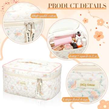 Zeyune 2 Pcs Cotton Quilted Makeup Bag for Women, Large Travel Coquette Cosmetic Bag, Aesthetic Cute Floral Toiletry Skincare Organizer(Peony Style)
