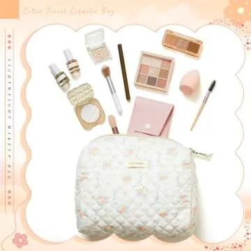 Zeyune 2 Pcs Cotton Quilted Makeup Bag for Women, Large Travel Coquette Cosmetic Bag, Aesthetic Cute Floral Toiletry Skincare Organizer(Peony Style)