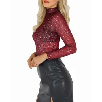 MANGOPOP Glitter Sheer Mesh Top Women Long Sleeve Sexy Shirt See Through Clubwear Tee Slim Blouse
