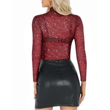 MANGOPOP Glitter Sheer Mesh Top Women Long Sleeve Sexy Shirt See Through Clubwear Tee Slim Blouse