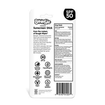 Baby Sunscreen Stick by Boogie, Mineral Sunscreen SPF 50, Travel Size Sunblock for Kids, FSA/HSA Eligible, Zinc Oxide, Water Resistant, Vegan, Fragrance Free, Pack of 2