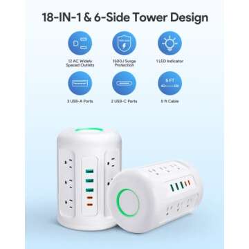 Newest PD 20W USB C Power Strip Tower with 12 Widely Spaced AC Outlets, 1500J Surge Protector with 2...