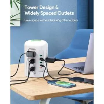 Newest PD 20W USB C Power Strip Tower with 12 Widely Spaced AC Outlets, 1500J Surge Protector with 2 USB-C Ports & 3 USB-A Ports, 5ft Cord Extension Cord Charging Station for Dorm Rooms, Home/Office