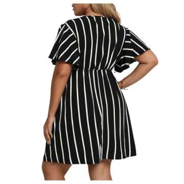 Floerns Women's Plus Size Striped Print Wrap V Neck Short Sleeve A Line Dress Black 3XL