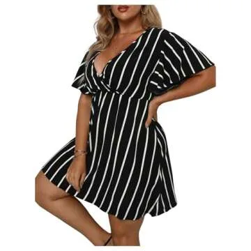 Floerns Women's Plus Size Striped Print Wrap V Neck Short Sleeve A Line Dress Black 3XL
