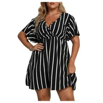 Floerns Women's Plus Size Striped Print Wrap V Neck Short Sleeve A Line Dress Black 3XL