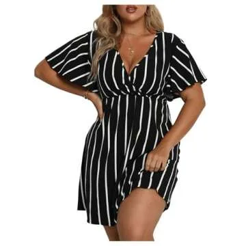 Floerns Women's Plus Size Striped Print Wrap V Neck Short Sleeve A Line Dress Black 3XL
