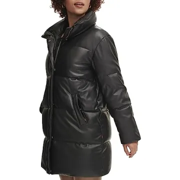 Levi's Women's Stylish Faux Leather Mid-Length Puffer Coat