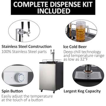 PioneerWorks Beer Kegerator, Dual Tap Draft Beer Dispenser, Full Size Stainless Steel Keg Refrigerator With Drip Tray & Rail, 170L